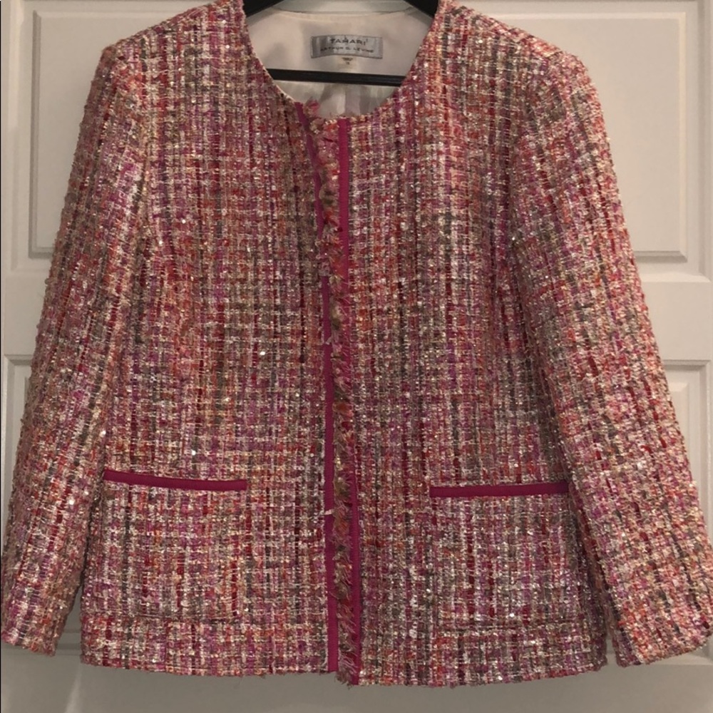 Tahari, sz16, pink tweed open jacket